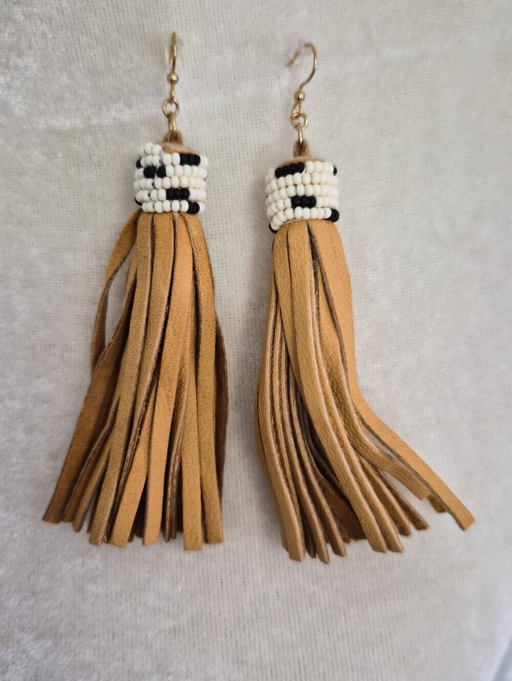 Noonday Tan Leather Tassel Earrings Hand Beaded Cream Black Boho Western
